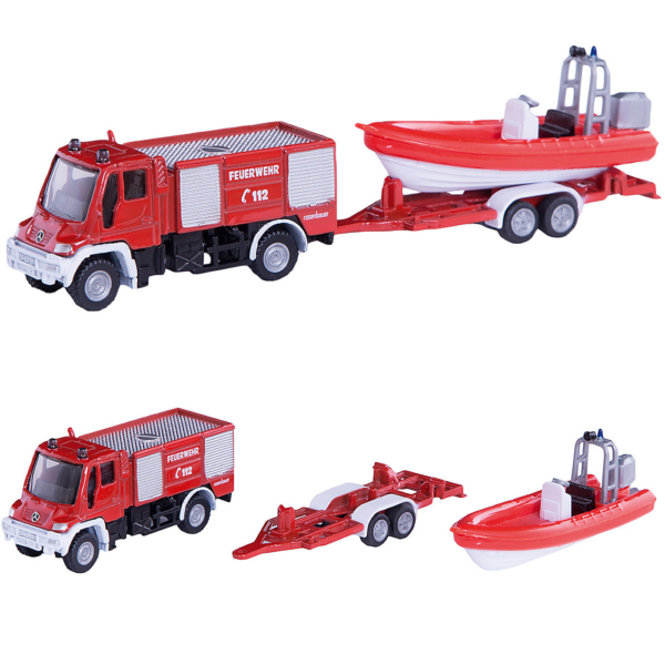 Siku 1636 straż pożarna unimog z łodzią, zabawki Nino Bochnia, pomysł na prezent dla 4 latka, metalowy wóz strażacki, metalowa straż pożarna, autko straży pożarnej