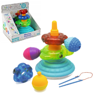 zabawki sensoryczne, kulko klocki, metoda montessori, klocki sensoryczne dla maluszka, lalaboom, obrotna piramida z kulko-klockami
