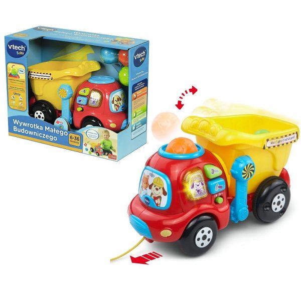 Vtech Wywrotka małego budowniczego 60480, zabawki Nino Bochnia, pomysł na prezent dla roczniaka, autko wywrotka grające dla maluszka