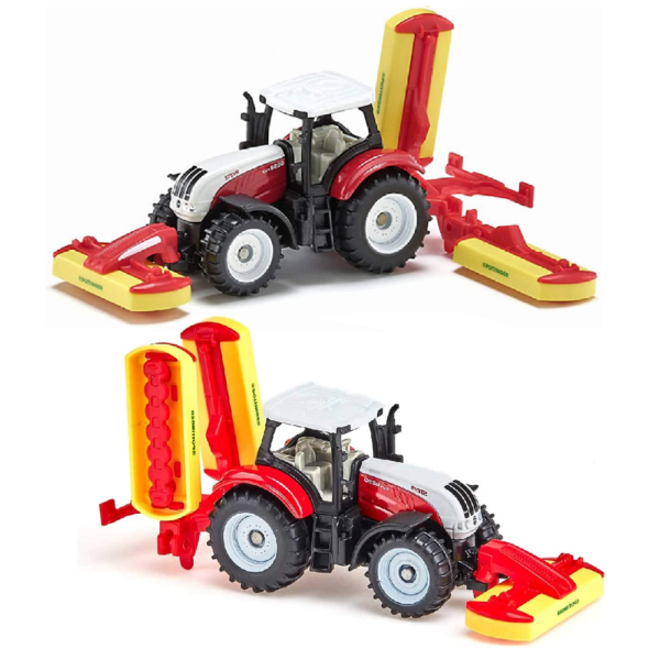 Siku 1672 Traktor Steyr z kosiarkami Pöttinger, zabawki Nino Bochnia, pomysł na prezent dla 4 latka, metalowy traktor z kosiarką