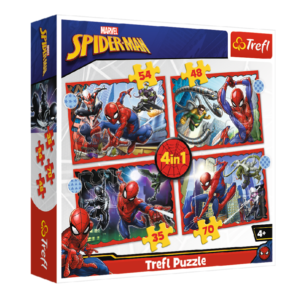 Trefl puzzle 4w1 bohaterski spiderman, puzzle ze spidermanem, puzzle dla 4 latka, zabawki Nino Bochnia