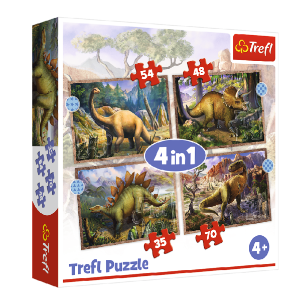 Trefl puzzle 4w1 ciekawe dinozaury 34383, zabawki Nino Bochnia, puzzle z dinozaurami