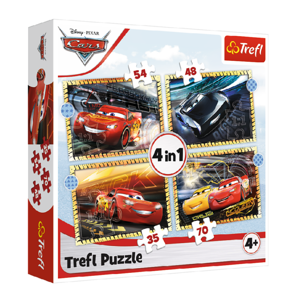 Trefl puzzle 4w1 gotowi do startu start, zabawki nino Bochnia, puzzle z zygzakiem Mcqueenem, puzzle cars, puzzle dla 4 latka