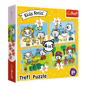 Trefl puzzle 4w1 kicia kocia dzień kici koci, zabawki Nino Bochnia, pomysł na prezent dla 3 latki, puzzle z kicia kocią, puzzle kicia kocia dla 3 letniej dziewczynki