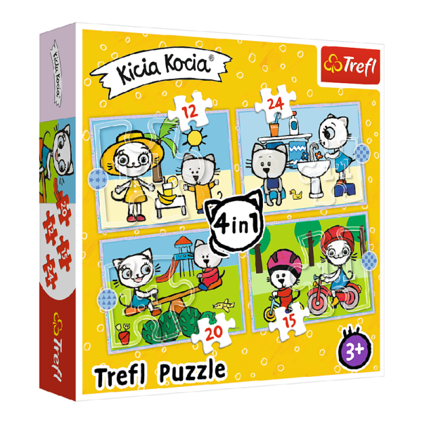 Trefl puzzle 4w1 kicia kocia dzień kici koci, zabawki Nino Bochnia, pomysł na prezent dla 3 latki, puzzle z kicia kocią, puzzle kicia kocia dla 3 letniej dziewczynki