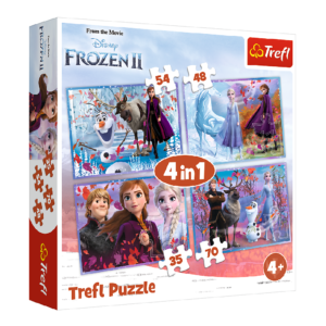 Trefl puzzle 4w1 kraina lodu podróż w nieznane, zabawki Nino Bochnia, pomysł na prezent dla dziewczynki na 3 lata, puzzle z Krainą Lodu, puzzle Kraina Lodu