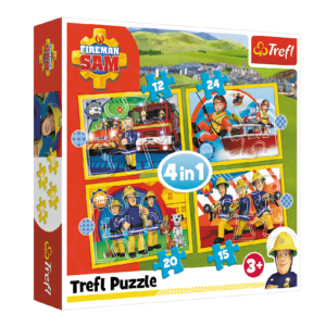 Trefl puzzle 4w1 pomocny strażak sam 34373, puzzle dla 3 latka, puzzle ze Strazakiem Samem, zabawki Nino Bochnia