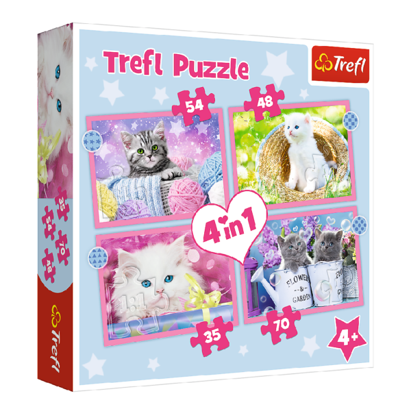 Trefl puzzle 4w1 zabawne kotki 34396, puzzle dla dziecka na 3 lata, puzzle z kotkami, puzzle koty, zabawki Nino Bochnia
