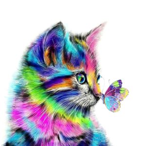 mozaika, haft diamentowy, diamont painting 5d, zestaw kreatywny, obraz z kotkiem, kolorowy kotek z motylkiem