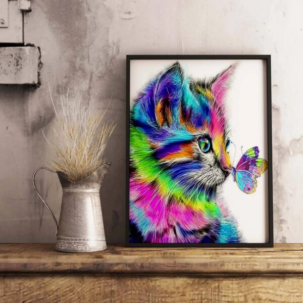 mozaika, haft diamentowy, diamont painting 5d, zestaw kreatywny, obraz z kotkiem, kolorowy kotek z motylkiem