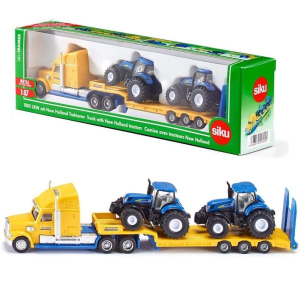 siku 1805 ciężarówka z traktorami New holland, zabawki Nino Bochnia, pomysł na prezent dla 5 latka, metalowo plastikowa ciężarówka z traktorami