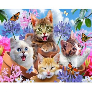 malowanie po numerach szczęśliwe kotki z motylami, zabawki Nino Bochnia, pomysł na prezent dla dziecka na 10 urodziny, zestaw artystyczny, obraz na płótnie, malowanie po numerach kotki