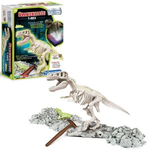 clementoni naukowa zabawa skamieniałości wykopaliska t-rex, zabawki Nino Bochnia, pomysł na prezent dla 7 latka, szczątki dinozaura, szkielet t-rexa, szkielet dinozaura, szkielet świecący w ciemności