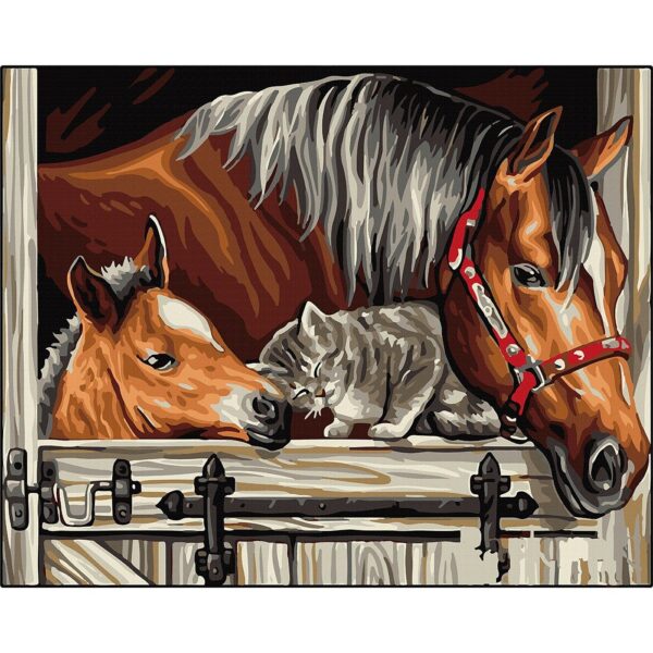 haft diamentowy, mozaika diamentowa, diamont painting, obraz 5d, obraz z koniami, konie z kotkiem