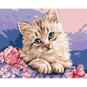 haft diamentowy, mozaika diamentowa, diamont painting, obraz 5d, kotek w fiolecie, obraz z kotkiem, słodki kotek