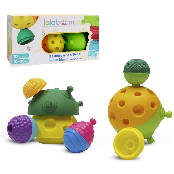 zabawki sensoryczne, kulko klocki, metoda montessori, klocki sensoryczne dla maluszka, lalaboom, 2 odkrywcze kule