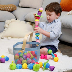 zabawki sensoryczne, kulko klocki, metoda montessori, klocki sensoryczne dla maluszka, lalaboom, sprężyste tasiemki