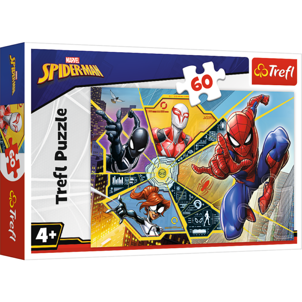 trefl puzzle 60 el spiderman w sieci spidermana 17372, puzzle dla chłopca od 4 lat, puzzle ze spidermanem