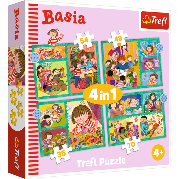 trefl puzzle 4w1 przygody basi34606, puzzle dla dzieci, puzzle Basia, trefl puzzle 34606, prezent dla dziewczynki na 4 lata, pomysł na zabawę w deszczowe dni