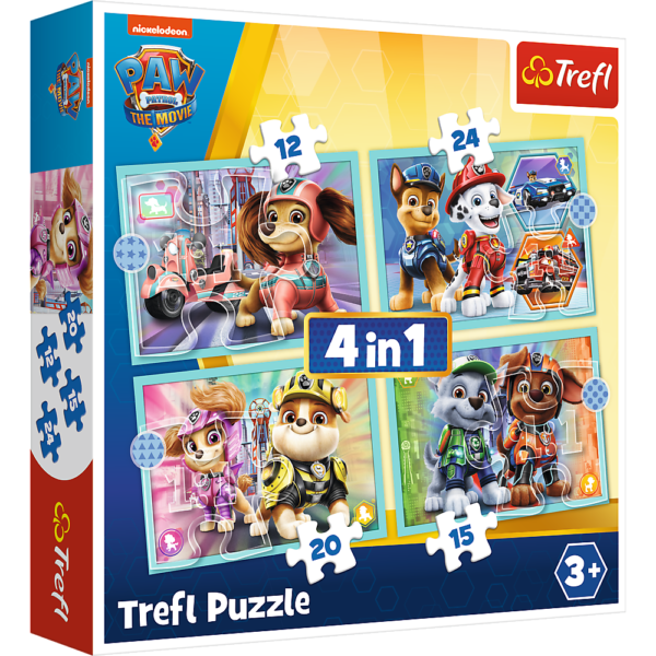 trefl puzzle 4w1, puzzle dla dziecki, puzzle z pieskami, puzzle od 3 lat, puzzle psi patrol