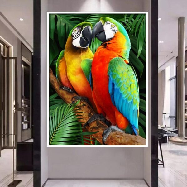 mozaika diamentowa papugi w liściach, haft diamentowy papugi w liściach, diamond painting 5d papugi w liściach
