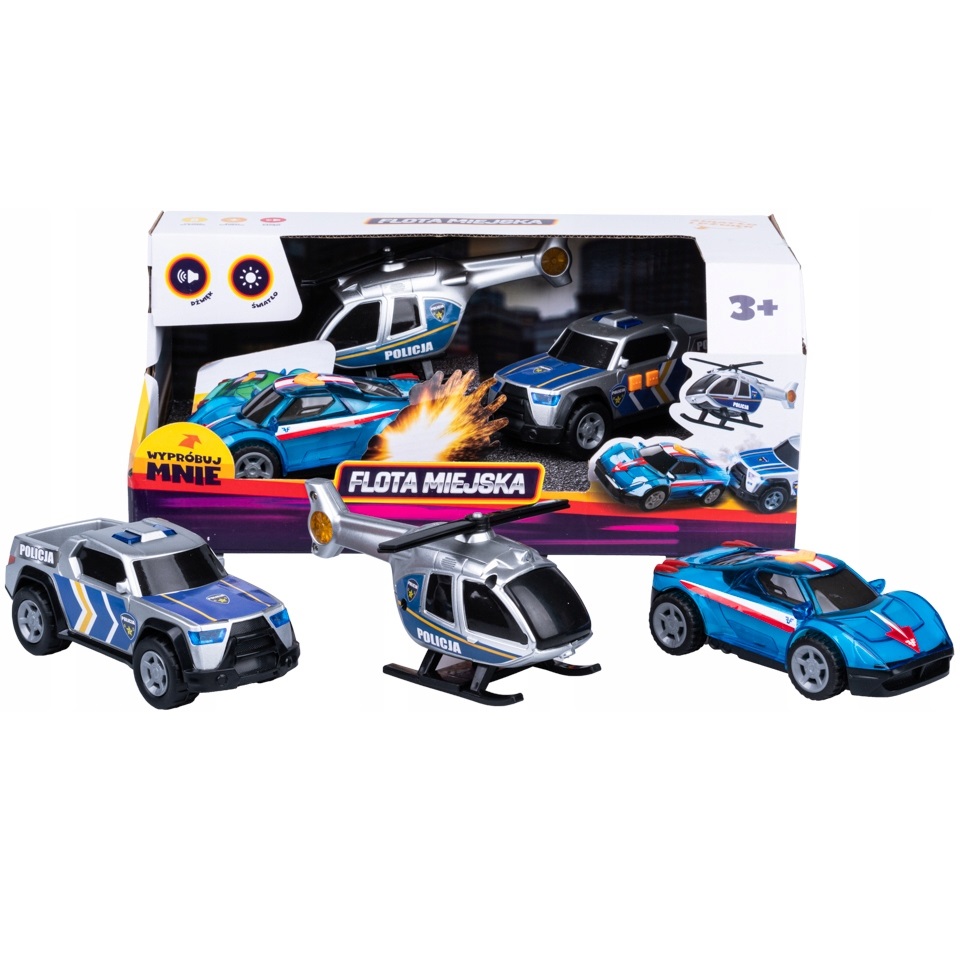 dumel discovery Flota miejska pojazdy policyjne 3pak ht72811, zestaw policyjny samochody policyjne z dźwiekiem, samochód policyjny helikopter policyjny na baterie, zabawki Bochnia