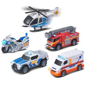 dumel discovery Flota miejska pojazdy ratunkowe 5pak ht71551, zestaw 5 samochodów z dźwiękiem, 5 samochodów, małe samochody straż pożarna, helikopter, policja z dźwiękiem