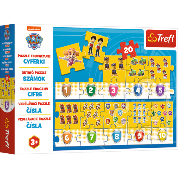 trefl puzzle 20 el cyferki-psi patrol 15578, puzzle z cyferkami Psi Patrol, puzzle dla dzieci
