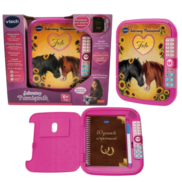 Vtech sekretny pamiętnik na hasło konie 61672, pamiętnik na hasło, różowy pamiętnik, interaktywny pamiętnik dla dziewczynki, zabawki Nino Bochnia, pomysła na prezent dla 6 latki pod choinkę