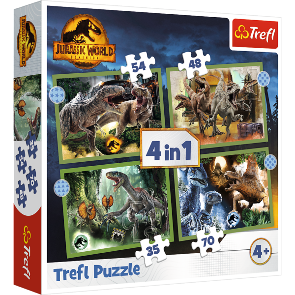 trefl puzzle 4w1 jurassic world groźne dinozaury 34607, puzzle 4w1, puzzle 4 układanki z dinozaurami, puzzle jurassic world, układanka dla dziecka 4 letniego