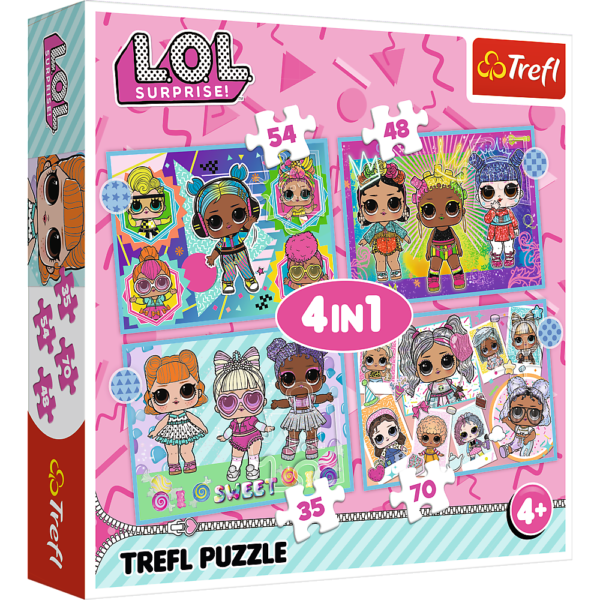 trefl puzzle 4w1 lol surprise poznaj laleczki 34613, puzzle z lalkami lol surprise, puzzle dla dziewczynki 5 letniej, zabawki Nino Bochnia, co kupić dziewczynce 5 letniej na 5 urodziny