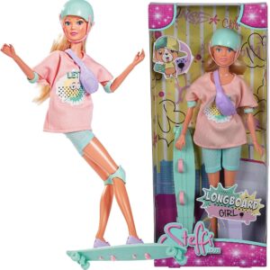 Simba Steffi Love Lalka Steffi na longboardzie, lalka barbie na deskorolce, lalka barbie z kaskiem i ochraniaczami, zabawki Nino Bochnia, pomysł na prezent dla dziewczynki 6 letniej