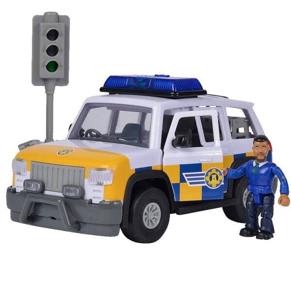 Simba strażak sam jeep policyjny z figurką Malcolma, zabawki ze Strażaka Sama, jeep policyjny, zabawki Nino Bochnia, pomysł na prezent dla chłopca 4 letniego