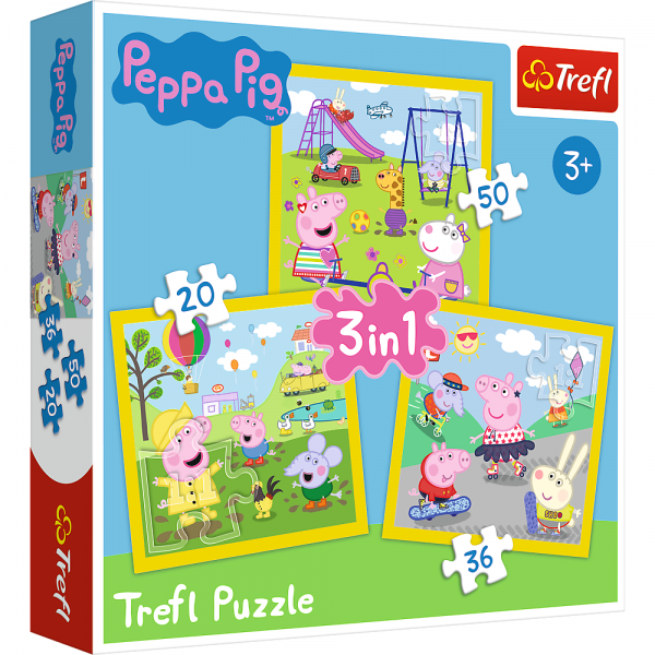 trefl puzzle 3w1 świnka peppa wesoły dzień peppy 34849, puzzle ze świnką peppą, puzzle dla dziecka od 3 lat, zabawki Nino Bochnia