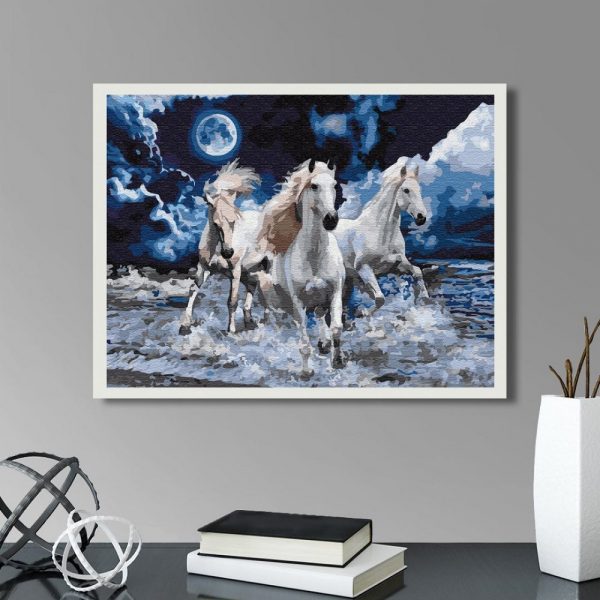 malowanie po numerach białe konie w morzu, zabawki Nino Bochnia. obraz do malowania farbami na płótnie, obraz z koniami