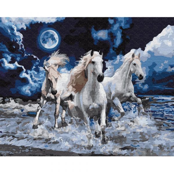 malowanie po numerach białe konie w morzu, zabawki Nino Bochnia. obraz do malowania farbami na płótnie, obraz z koniami