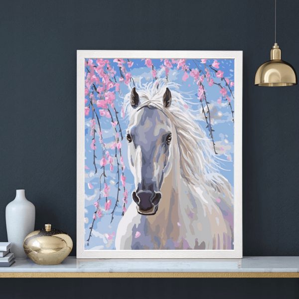 malowanie po numerach bialy koń pod różowymi gałązkami, zabawki Nino Bochnia, obraz do malowania farbami na płótnie, obraz z koniem