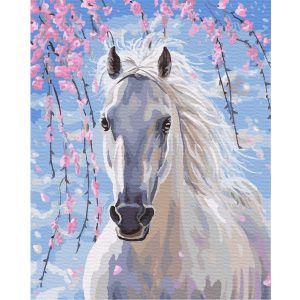 malowanie po numerach bialy koń pod różowymi gałązkami, zabawki Nino Bochnia, obraz do malowania farbami na płótnie, obraz z koniem