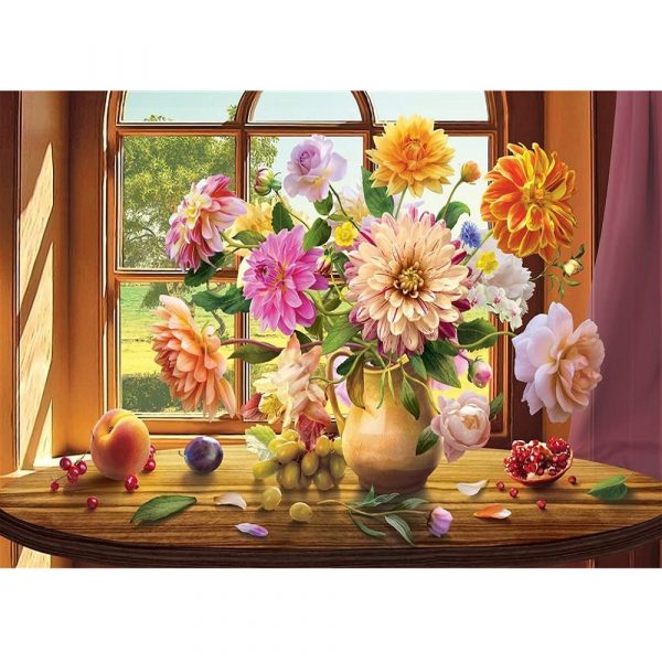 malowanie po numerach bukiet kwiatów astry na parapecie, obraz do malowania farbami na płótnie, zabawki Nino Bochnia