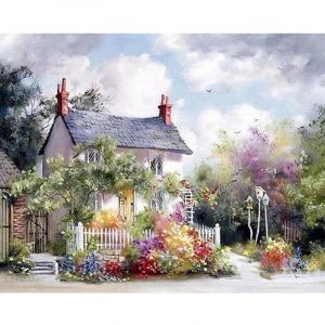 malowanie po numerach domek piętrowy w ogrodzie, obraz do malowania farbami na płótnie, zabawki Nino Bochnia, obraz z domkiem