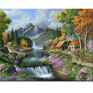 malowanie po numerach domki nad rzeką górską, zabawki Nino Bochnia, obraz do malowania na płotnie widoki