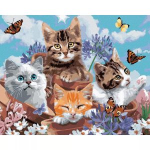 malowanie po numerach kotki z motylami, zabawki Nino Bochnia, obraz do malowania farbami na płótnie, obraz z kotkami w doniczkach