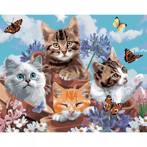 malowanie po numerach kotki z motylami, zabawki Nino Bochnia, obraz do malowania farbami na płótnie, obraz z kotkami w doniczkach