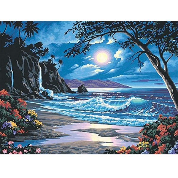 malowanie po numerach rajska plaża nocą, zabawki Nino Bochnia, obraz do malowania na płótnie