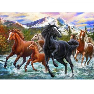 malowanie po numerach stado koni w górskiej rzece, zabawki Nino Bochnia, obraz do malowania farbami na płótnie, obraz konie