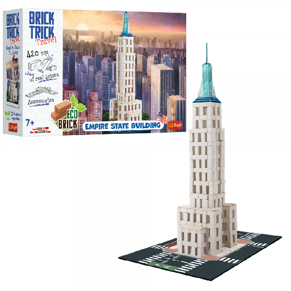 trefl brick trick buduj z cegły podróże empire state building 61785, zabawa z prawdziwymi cegłami, zabawki nino Bochnia, mały konstruktor, zestaw kreatywny dla 7 letniego dziecka, pomysł na prezent na 7 urodziny dla chłopca
