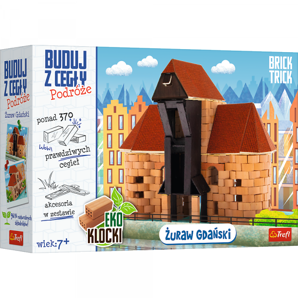 trefl brick trick buduj z cegły podróże żuraw gdański 61548, zabawki nino Bochnia, pomysł na prezent na 7 urodziny, mały majsterkowicz, zestaw do budowania z cegły