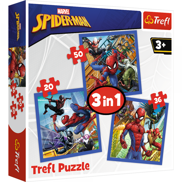 trefl puzzle 3w1 spiderman pajęcza siła 34841, puzzle dla 3 latka, puzzle ze spidermanem, puzzle dla 3 letniego chłopca, zabawki Nino Bochnia