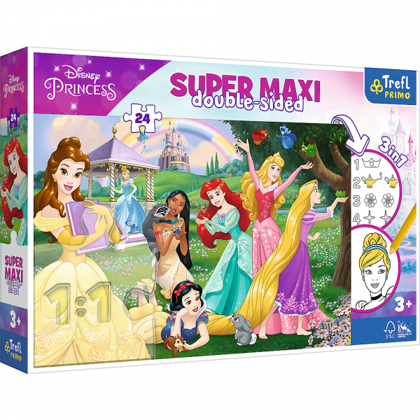 trefl puzzle dwustronne 24 el super maxi Disney księżniczki wesołe księżniczki 41008, puzzle dwustronne maxi elementy, duze puzzle dla dziecka, zabawki Nino Bochnia