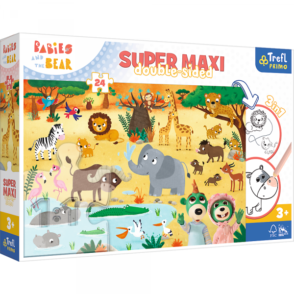 trefl puzzle dwustronne 24 el super maxi bobaski na safari 41009, zabawki nino Bochnia, puzzle do malowania, puzzle maxi elementy, puzzle dla maluszka